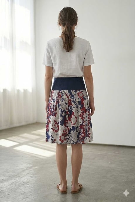 Geplooide A-lijn rok met bloemenprint en contrasterende marineblauwe tailleband. - Image 4