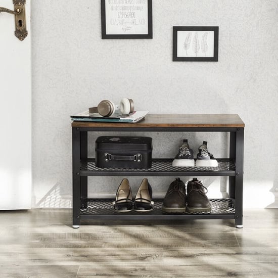 MAZAZU Schoenenbank met zitkussen – hout – bruin – 73 × 30 × 45 cm - Image 2