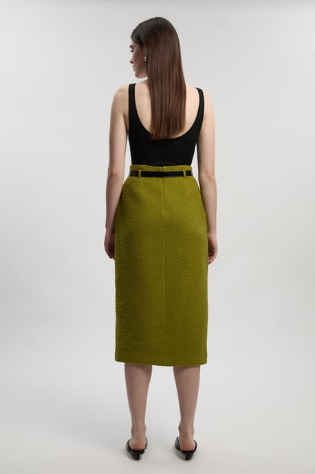 Textured Tweed Belted Tailored Pencil Skirt - Image 4