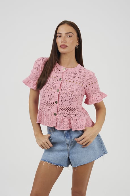 Pink Short Sleeve Pointelle Knit Cardigan With Frill Hem - Image 1