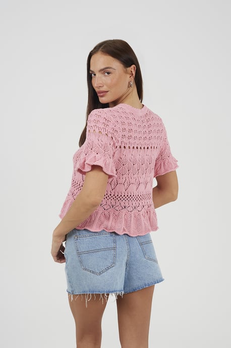 Pink Short Sleeve Pointelle Knit Cardigan With Frill Hem - Image 2