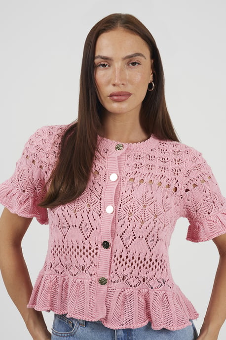 Pink Short Sleeve Pointelle Knit Cardigan With Frill Hem - Image 4
