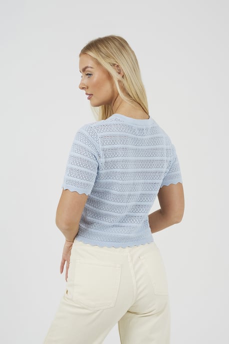 Blue Short Sleeve Stitch Detail Crew Neck Cardigan - Image 2