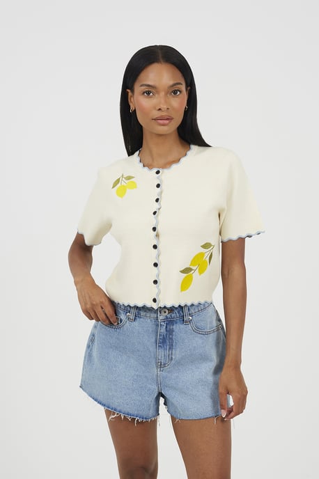 Ivory Short Sleeve Cardigan With Lemon Embroidery - Image 1
