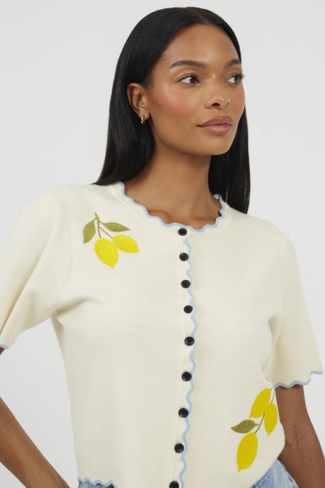 Ivory Short Sleeve Cardigan With Lemon Embroidery - Image 4