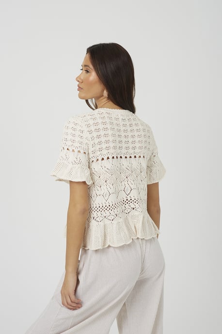 Cream Short Sleeve Pointelle Knit Cardigan With Frill Hem - Image 2
