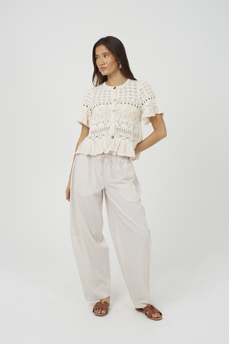 Cream Short Sleeve Pointelle Knit Cardigan With Frill Hem - Image 3