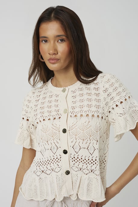 Cream Short Sleeve Pointelle Knit Cardigan With Frill Hem - Image 4