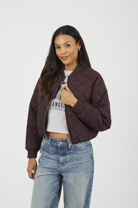 Burgundy Diamond Quilted Bomber Jacket - Image 1