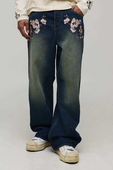 Wide Leg Floral Embroidered Jeans - Image 3