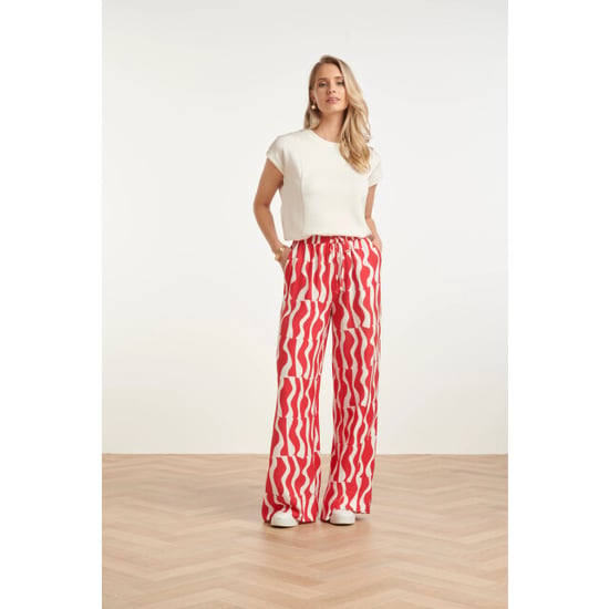 Smashed Lemon Wijde broek met rood-witte golvende print | - Image 6
