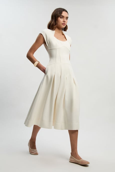Compact Stretch Dropped Waist Full Skirted Midi Dress - Image 1