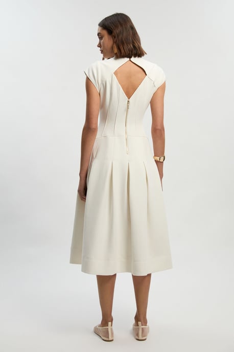 Compact Stretch Dropped Waist Full Skirted Midi Dress - Image 4