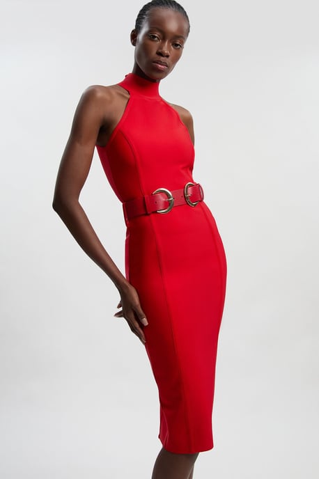 Bandage High Neck Buckle Trim Midi Dress - Image 1