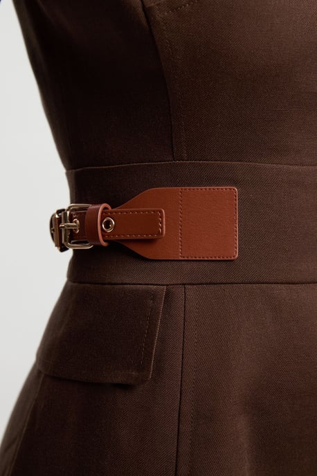 Tailored Linen Tab Waist Detail Full Skirt Midi Dress - Image 3