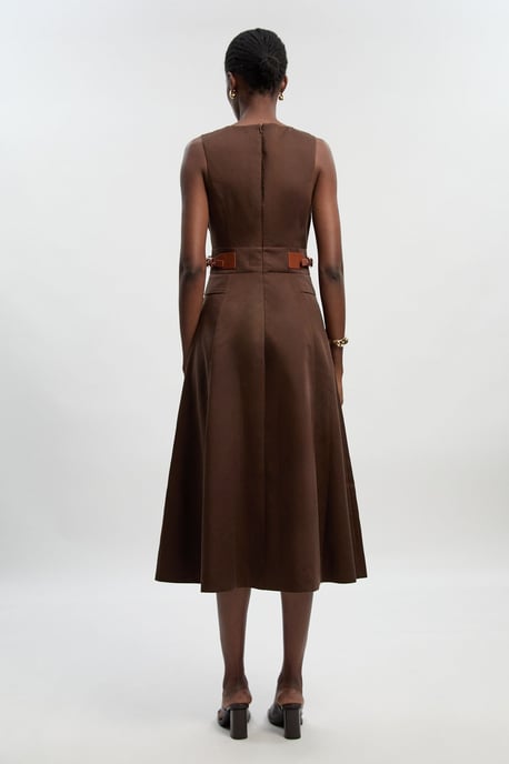 Tailored Linen Tab Waist Detail Full Skirt Midi Dress - Image 4