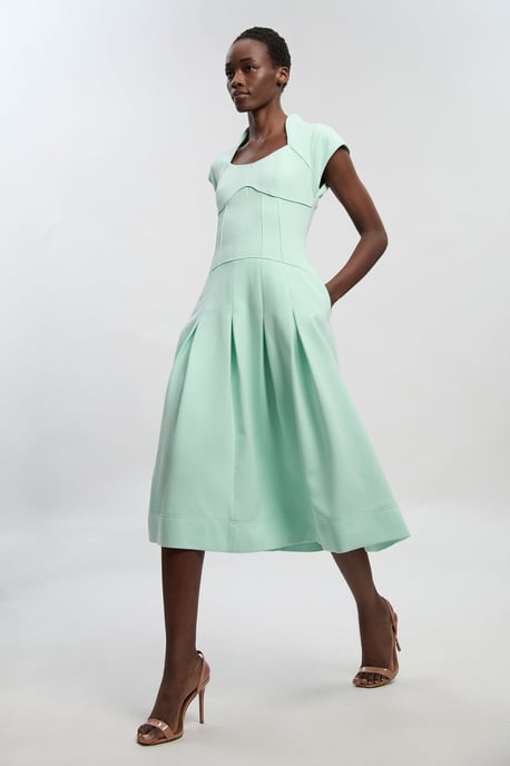 Compact Stretch Dropped Waist Full Skirted Midi Dress - Image 1