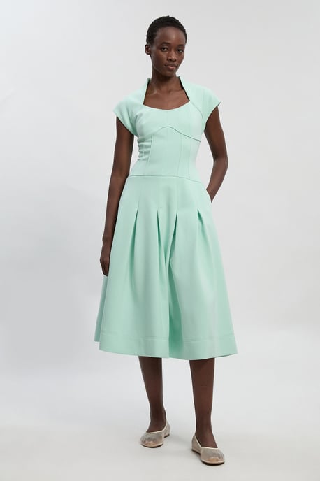 Compact Stretch Dropped Waist Full Skirted Midi Dress - Image 2