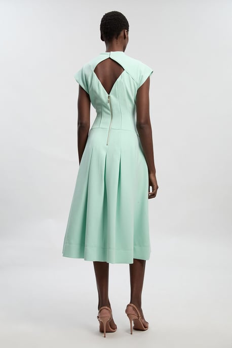 Compact Stretch Dropped Waist Full Skirted Midi Dress - Image 4