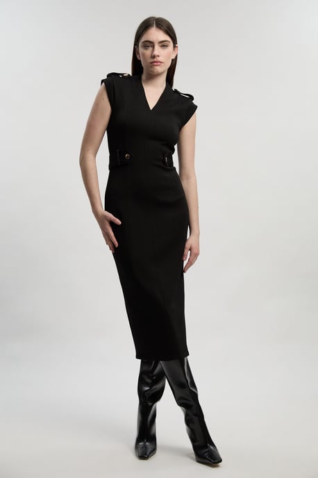 Ponte Trim Belt Detail Midi Pencil Dress - Image 1
