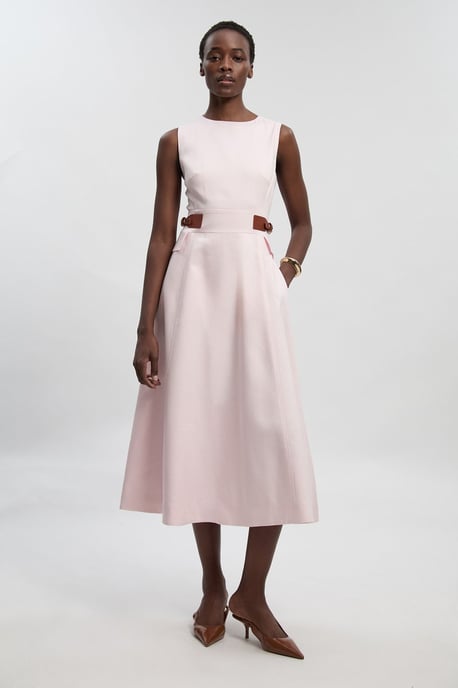 Tailored Linen Tab Waist Detail Full Skirt Midi Dress - Image 1