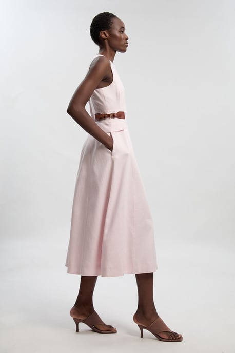 Tailored Linen Tab Waist Detail Full Skirt Midi Dress - Image 2