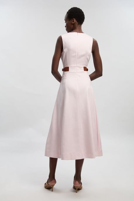 Tailored Linen Tab Waist Detail Full Skirt Midi Dress - Image 4