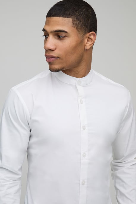 Slim Fit Grandad Collar Cotton Shirt - Image 3
