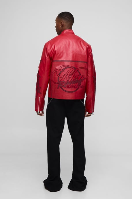 Regular Fit Man Racing PU Biker Jacket - Image 2