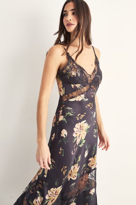 Satin Floral Cutwork Lace Split Leg Maxi Dress - Image 3