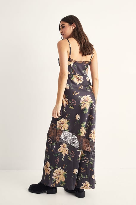 Satin Floral Cutwork Lace Split Leg Maxi Dress - Image 4
