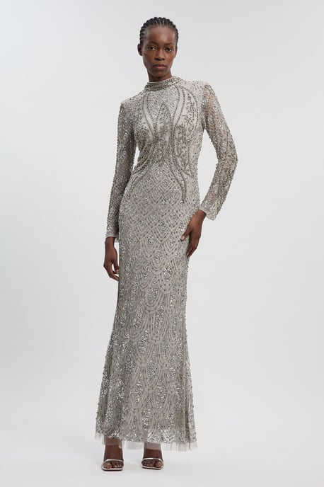 Crystal Embellished Long Sleeve Woven Maxi Dress - Image 1