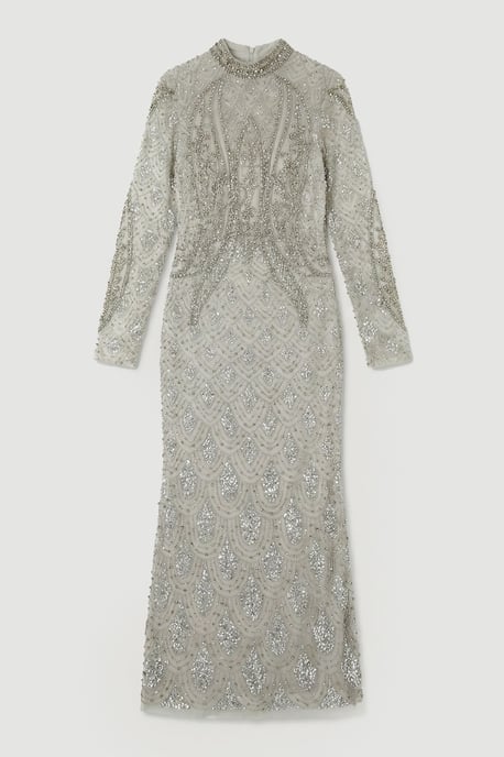 Crystal Embellished Long Sleeve Woven Maxi Dress - Image 4