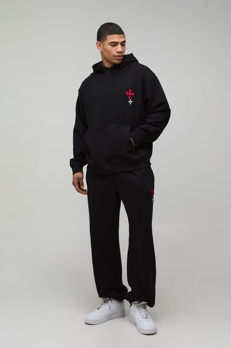 Oversized Embroidered Cross Hooded Tracksuit - Image 1