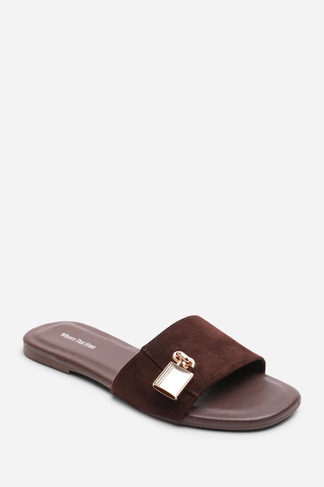 Where's That From Womens 'Solana' Gold Trim Flat Suede Slide On Sandal - Image 3