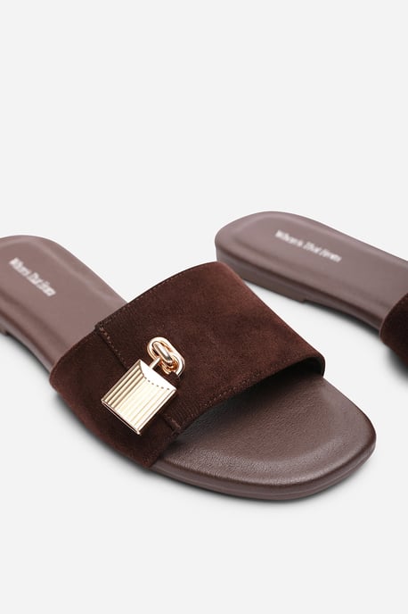 Where's That From Womens 'Solana' Gold Trim Flat Suede Slide On Sandal - Image 5