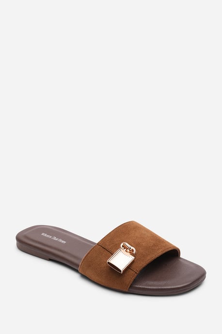 Where's That From Womens 'Solana' Gold Trim Flat Suede Slide On Sandal - Image 3