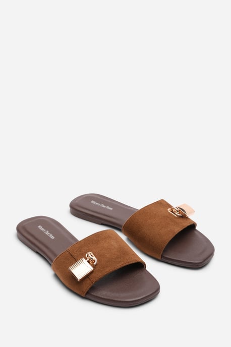 Where's That From Womens 'Solana' Gold Trim Flat Suede Slide On Sandal - Image 4