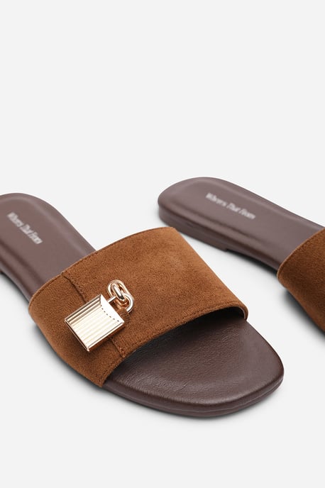 Where's That From Womens 'Solana' Gold Trim Flat Suede Slide On Sandal - Image 5