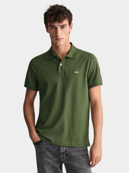 Mens Pine Green Shield Logo Pique Polo Shirt - Image 1