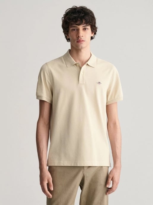 Mens Silky Beige Shield Logo Pique Polo Shirt - Image 1