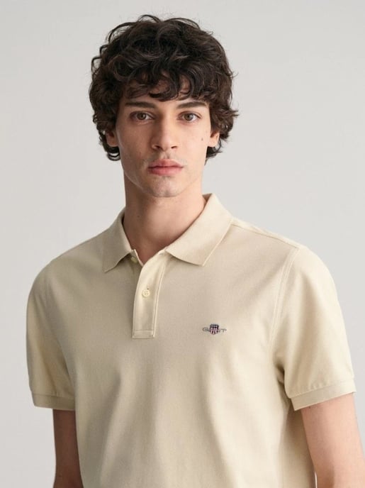 Mens Silky Beige Shield Logo Pique Polo Shirt - Image 2