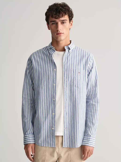 Mens Rich Blue Cotton Linen Stripe Shirt - Image 2