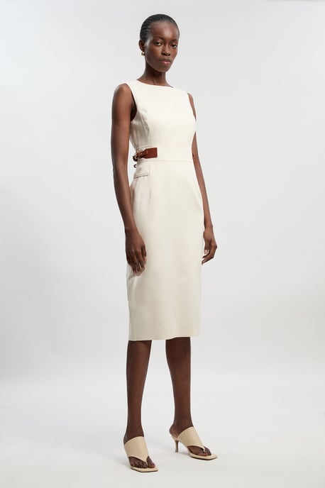 Tailored Linen Tab Waist Pencil Midi Dress - Image 2