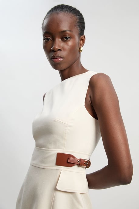 Tailored Linen Tab Waist Pencil Midi Dress - Image 3