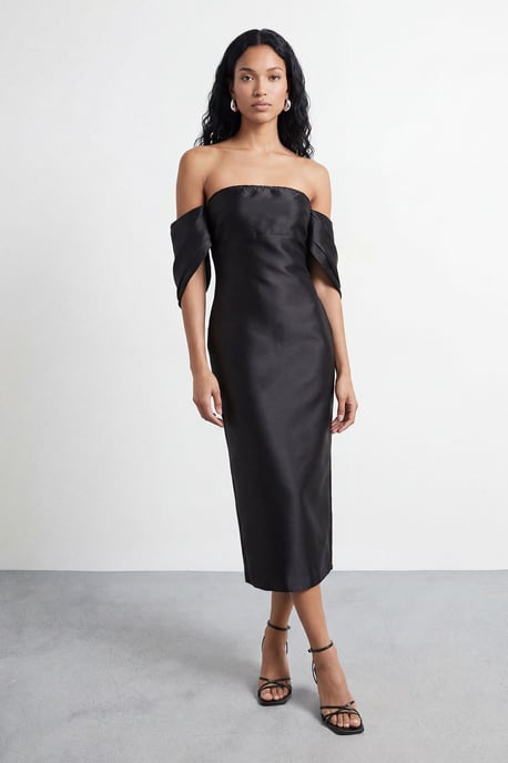 Petite Structured Puff Sleeve Bardot Midi Dress - Image 1