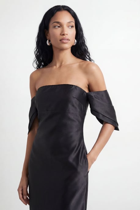 Petite Structured Puff Sleeve Bardot Midi Dress - Image 2