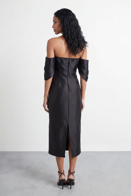Petite Structured Puff Sleeve Bardot Midi Dress - Image 3