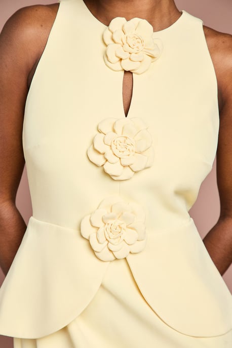 Lisa Tan Crepe Rosette Detail Peplum Pencil Dress - Image 2