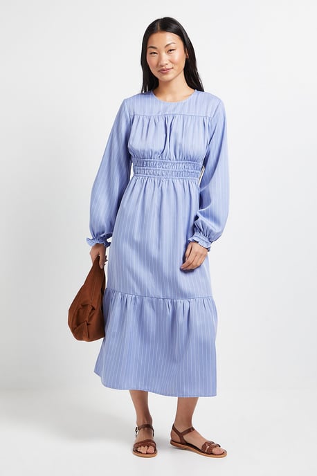Petite Shirred Bodice Tiered Stripe Midi Dress - Image 1